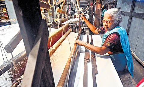 Prasanna Kumari, 64, a weaver belonging to Travancore Handloom Society, Nemom, Thiruvananthapuram