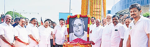 Chief Minister MK Stalin and DMK leaders paying tributes to former chief minister
CN Annadurai on his birth anniversary on Sunday