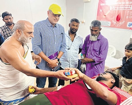 Chilkur temple priest CS Rangarajan at a blood donation camp in Hyderabad on Monday