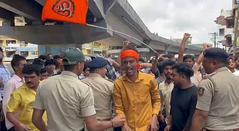 Hindutva activists gathered near Rakteshwari temple in B C Road on Monday morning.