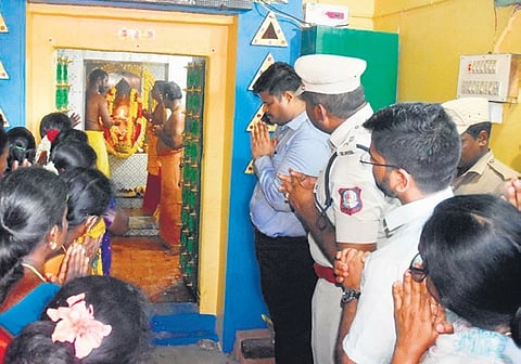 Adi Dravidar community members offering worship at Pidari Ettiyamman temple on Monday