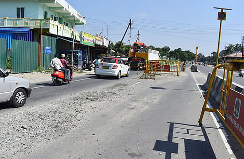 The stretch of road damaged on the Sathyamangalam Road