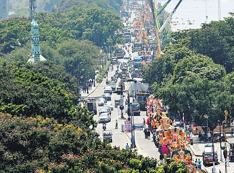 Ganesh idols lined up for immersion at Tank Bund on Wednesday. The picture was clicked from the top of the Marriott Hotel near Hussainsagar in Hyderabad