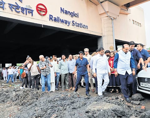 L-G VK Saxena during an inspection in the Nangloi area in New Delhi on Thursday