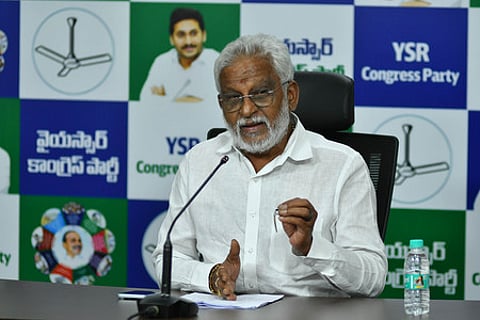 YSRC Rajyasabha MP YV Subba Reddy addressing the media during the press conference at Tadepalli party office on Thursday.