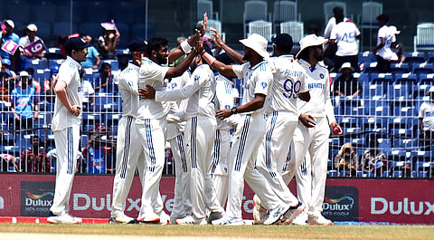 India players celebrating a wicket on Day 2 of the first Test against Bangladesh in Chennai