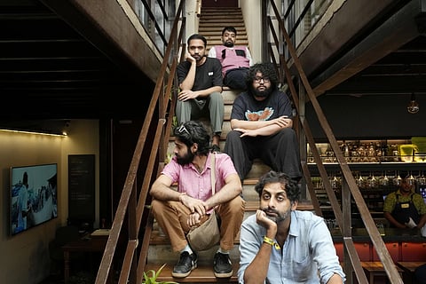 Suryakant Sawhney, Rohit Gupta, Kartik Pillai, Dhruv Bhola and Karan Singh of Peter Cat Recording Co pose for a photograph in Mumbai, India, Friday, Aug 2, 2024.