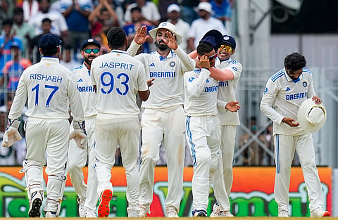 Chennai: India's Yashasvi Jaiswal celebrates with teammates after taking the catch of Bangladesh's Zakir Hasan on the third day of the first test cricket match between India and Bangladesh, at the MA Chidambaram Stadium, in Chennai, Saturday, Sept. 21, 2024.