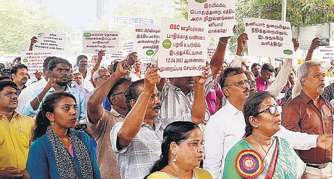 National Confederation of OBC Employees Welfare Associations with DMK MPs staging demonstration at Valluvar Kottam in Chennai on Saturday