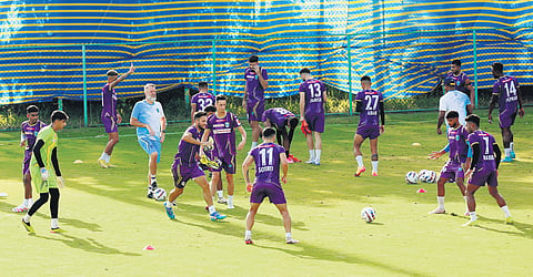 Kerala Blasters FC squad training before the match against East Bengal FC at Panampilly Nagar on Saturday
