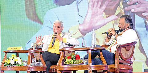 Former diplomat and author Vikas Swarup addressing the gathering on Saturday. Consulting editor of The Sunday Standard Ravi Shankar Etteth is also seen