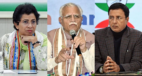 A collage of BJP leader and former Haryana CM Manohar Lal Khattar (C) and Congress leaders Kumari Selja (L) and Randeep Singh Surjewala (R).