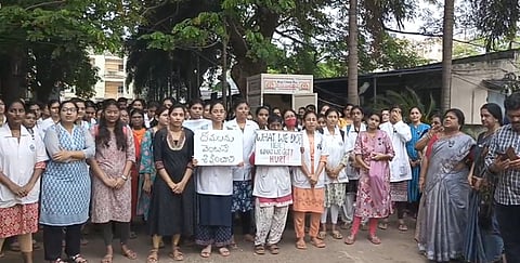 Professors and Medicos of Rangaraya Medical College staged a protest on the college campus on Monday demanding the arrest of JSP MLA Nanaji and his followers.