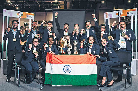 India players celebrate their title triumph at the Chess Olympiad