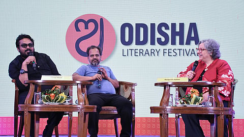 Actors Faisal Malik and Durgesh Kumar with Kaveree Bamzai at Odisha Literary festival 2024 in Bhubaneswar.