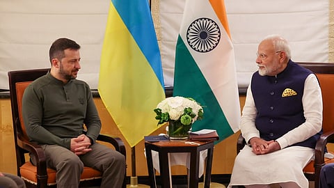 Prime Minister Narendra Modi with President Volodymyr Zelenskyy of Ukraine during a meeting, in New York, Monday, Sept. 23, 2024.