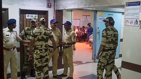 Police personnel at the Chhatrapati Shivaji Maharaj Hospital after Akshay Shinde, an accused in Badlapur school sexual assault case, shot dead by the police in self-defence, in Thane, Monday, Sept. 23, 2024.