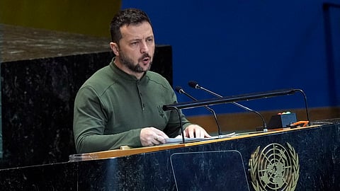 Ukraine's President Volodymyr Zelenskyy addresses the the Summit of the Future, in the United Nations General Assembly, Monday, Sept. 23, 2024.