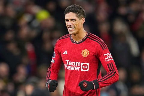 Manchester United's Raphael Varane celebrates during an English Premier League soccer match.
