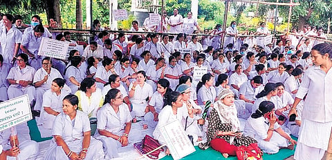 Nurses staging dharna in front of Old OPD building of SCB MCH