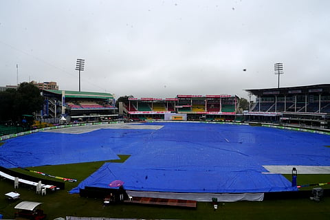Covers placed on the ground following rains, during the second day of the second Test match between India and Bangladesh at the Green Park Stadium, Kanpur (Photo | PTI)