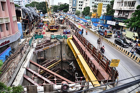 CMRL construction work in progress at Royapattah, in Chennai on Friday