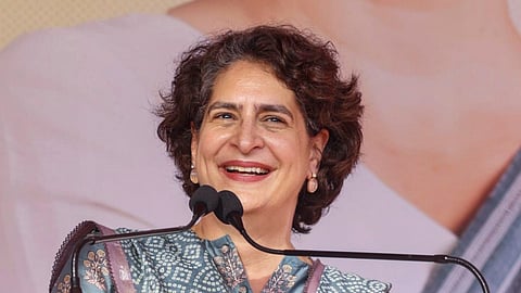 Congress leader Priyanka Gandhi Vadra addresses a public meeting in Jammu