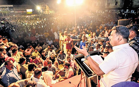 MLA P V Anvar addressing a public gathering in Nilambur on Sunday.