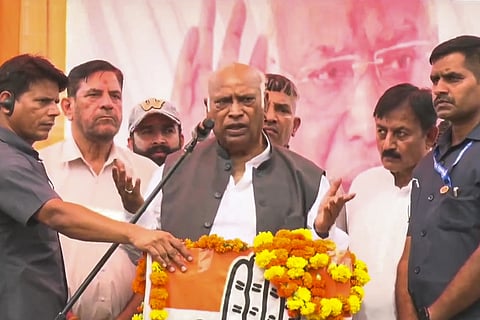 Congress President Mallikarjun Kharge addresses a public meeting amid ongoing Jammu and Kashmir Assembly polls, in Jasrota.