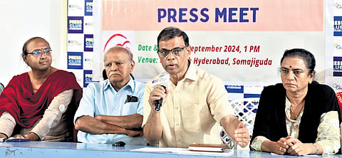 CHATRI convenor Varghese Theckanath addresses the media at the Somajiguda Press Club in Hyderabad on Monday
