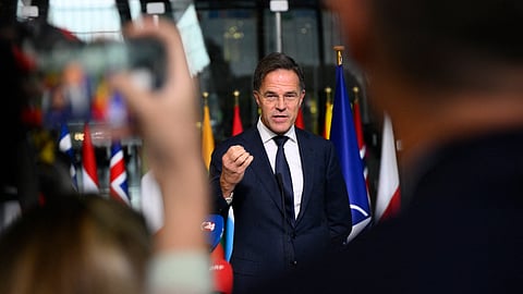 Incoming NATO Secretary General and former Dutch Prime Minister Mark Rutte delivers remarks during a handover ceremony, at NATO Headquarters in Brussels, on October 1, 2024.