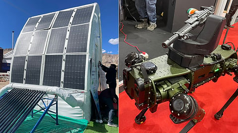 (L) PeakPod, a lightweight and fully relocatable shelter; (R) a robotic mule, a ground robot designed to navigate unstructured urban and natural environments for defence applications.