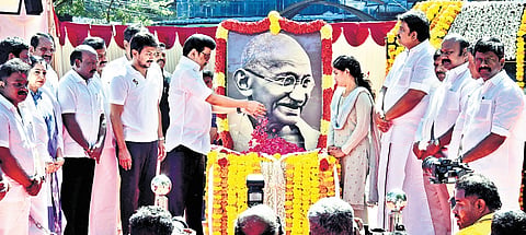 The CM, deputy CM, ministers and Chennai Mayor R Priya paid floral tributes to Gandhi’s portrait in the Museum Complex in Egmore.