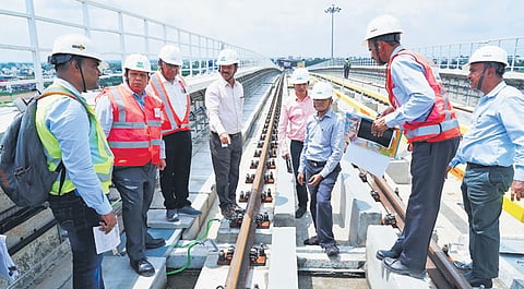The Commissioner of Metro Rail Safety inspects the tracks between Nagasandra and Madavara on Tumakuru Road