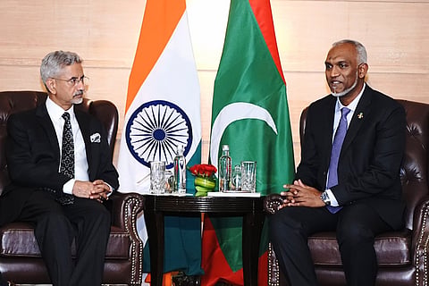 External Affairs Minister S Jaishankar with Maldives President Mohamed Muizzu during a meeting, in New Delhi.