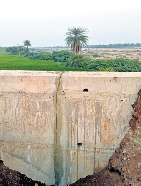 A view of the patched alignment wall on the under-construction bridge in the Bommakal area, situated on the outskirts of Karimnagar, on Sunday