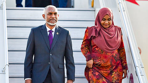 Maldives President Mohamed Muizzu with his wife Sajidha Mohamed on his arrival, in New Delhi.