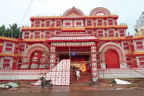 Construction of the 80 ft high and 120 ft wide Durga Puja pandal underway at Nayapalli in Bhubaneswar