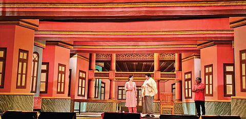 Artists rehearse the play Raktharakshas on the stage set up at Thiruvanchikkulam temple ground in Kodungallur