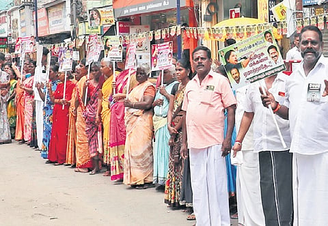 The AIADMK cadre raised slogans against the DMK government demanding roll back of property tax hike.