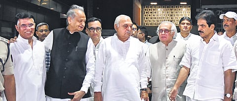 Congress leaders Pawan Khera, Ashok Gehlot, Bhupinder Singh Hooda, Jairam Ramesh, K C Venugopal and others after meeting the Election Commission of India