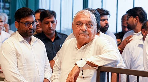 Former Haryana chief minister and Congress leader Bhupinder Singh Hooda upon his arrival to address the media regarding the Haryana Assembly election results, in Rohtak, Tuesday, Oct. 8, 2024.