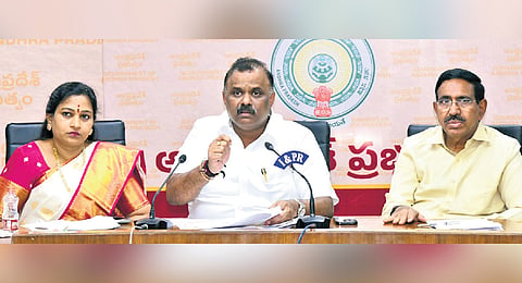 Revenue Minister Anagani Satya Prasad, Home Minister V Anitha and MAUD Minister P Narayana address a press conference on Wednesday