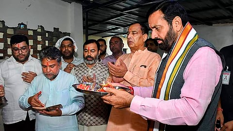 Haryana CM Nayab Saini offers prayers at a temple at Haryana Bhawan in New Delhi.