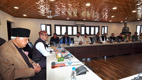 National Conference President Farooq Abdullah, Vice President Omar Abdullah and others during the partys Legislature Party Meeting after Jammu and Kashmir Assembly election result, at the headquarters Nawa e Subha in Srinagar.