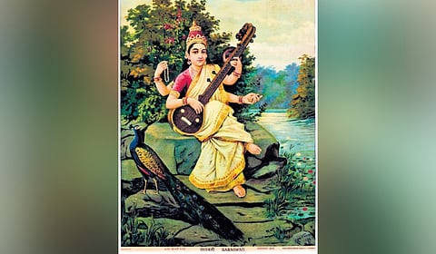 Goddess Saraswati painting by Raja Ravi Varma