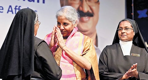 Union Finance Minister Nirmala Sitharaman at the ‘Meet the Great Leaders’ organised by Prof K V Thomas Vidhyadhanam Trust programme at St Teresa’s College on Monday