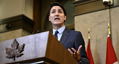 Canadian Prime Minister Justin Trudeau speaks at a news conference in Ontario.
