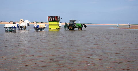 Stagnated rain water on Marina Beach due to heavy rainfall in Chennai.