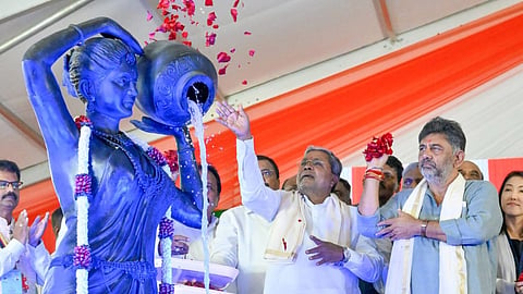 CM Siddaramaiah and DyCM DK Shivakumar inaugurate the Cauvery Stage V project at Thorekadanahalli in Malavalli taluk of Mandya district.